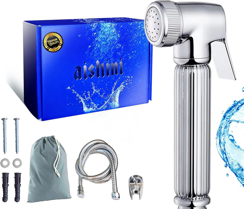 Aishini SSV2 High Pressure Shattaf Set, Heavy Duty Bidet Sprayer for Toilet with 120cm Stainless Steel Bidet Hose, Adjustable Control, Wall Mounted Bathroom Spray, Chrome (DIY Installation Kit)