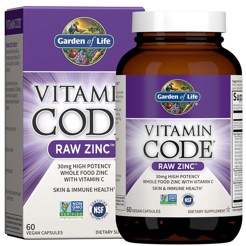 Garden of Life Vitamin Code Raw Zinc, 30Mg Whole Food Zinc Supplement + Vitamin C, Trace Minerals & Probiotics For Immune Support, Certified Vegan Non-Gmo & Gluten Free Zinc Supplements, 60 Capsules