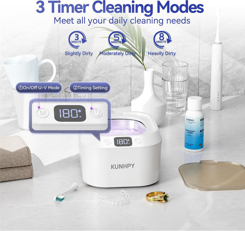 Ultrasonic Retainer Cleaner, Kunphy 48KHz 24W Ultrasonic U-V Cleaner Machine with 3 Modes Digital Timer for Mouth Guard, Toothbrush Heads, Invisalign, Braces - White