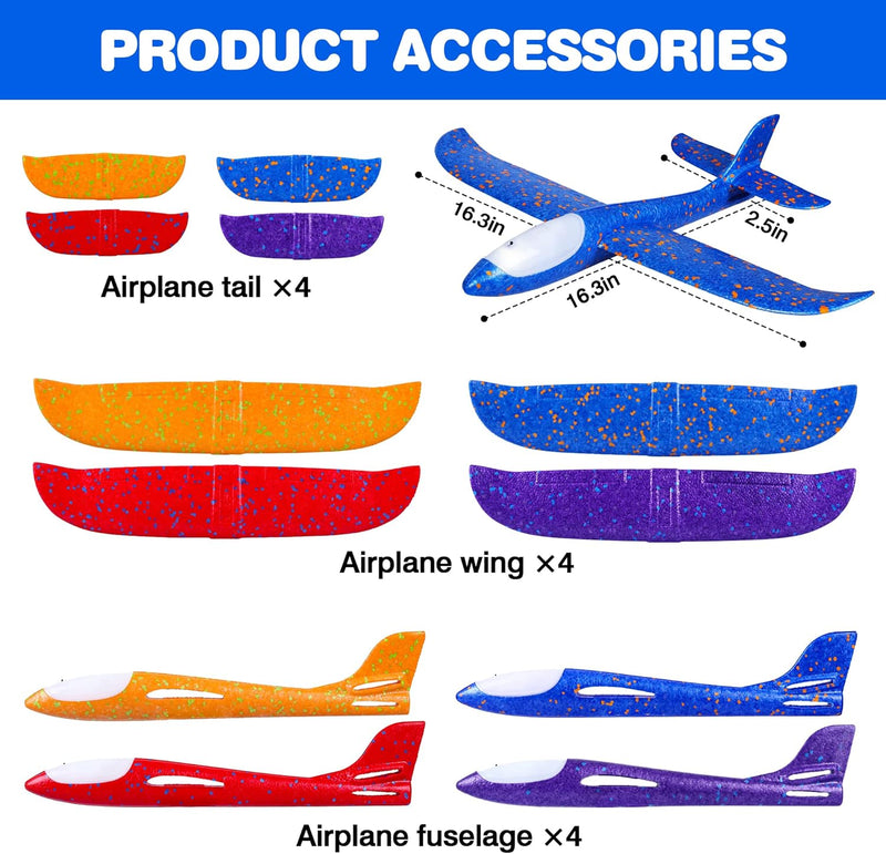 IJO 4 Pack LED Light Airplane Toys-17.5" Large Throwing Foam Plane-2 Flight Modes Glider Plane-Outdoor Flying Toys for Kids-Flying Toys Gift for Boys Girls 3 4 5 6 7 8 9 Years Old - 4 Planes