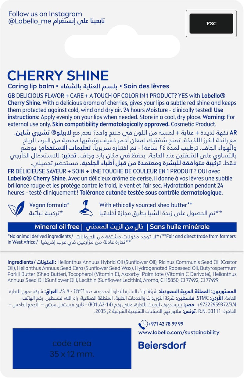 Cherry Shine Lip Balm, 24H Melt-In Moisture, with Shea Butter and Natural Oils Enriched with Vitamins, with Natural Ingredients, Mineral Oil Free, Vegan, 4.8g