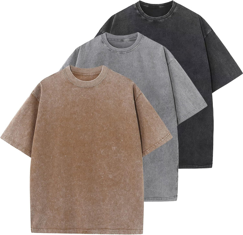 Mens Cotton T-Shirt, Oversized, Unisex, Short-Sleeved, Casual, Loose Fit, Washed, Solid Color - ['A-Coffee', 'Grey', 'Black']