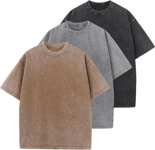 Mens Cotton T-Shirt, Oversized, Unisex, Short-Sleeved, Casual, Loose Fit, Washed, Solid Color - ['A-Coffee', 'Grey', 'Black']