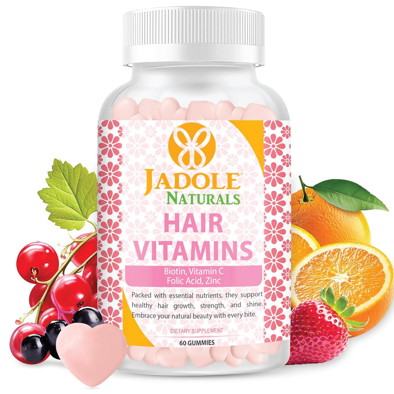 Jadole Naturals Hair Vitamins 60 Gummies with Biotin 5000 mcg, Vitamin C, Folic Acid & Zinc | Supports Hair Growth & Reduces Breakage, Healthy Skin & Nails, Multivitamins & Essential Nutrients, Vegan
