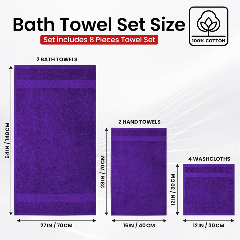 Infinitee Xclusives Premium Bath Towels Set - [Pack of 8] 100% Cotton Highly Absorbent 2 Bath Towels, 2 Hand Towels and 4 Washcloths - Hotel & Spa Quality Bath Towels for Bathroom (Shadow Grey)