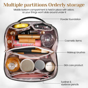 Large Capacity Travel Cosmetic Bag - Makeup Bag, PU Leather Waterproof Cosmetic Bag, Women Portable Travel Makeup Bag With Handle and Divider Flat Lay Makeup Organizer Bag, Black, Fashion