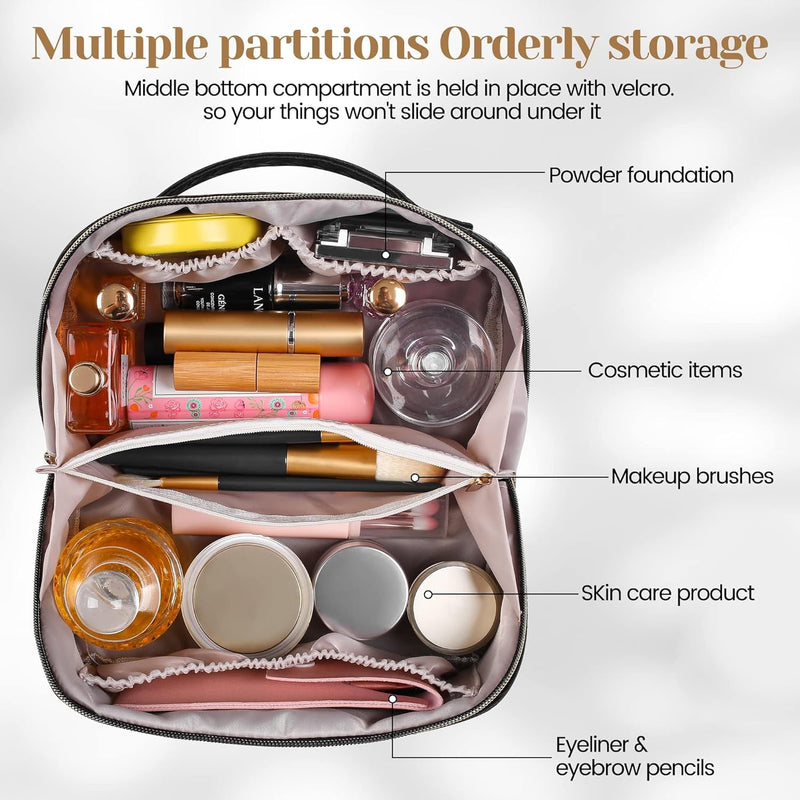 Large Capacity Travel Cosmetic Bag - Makeup Bag, PU Leather Waterproof Cosmetic Bag, Women Portable Travel Makeup Bag With Handle and Divider Flat Lay Makeup Organizer Bag, Black, Fashion