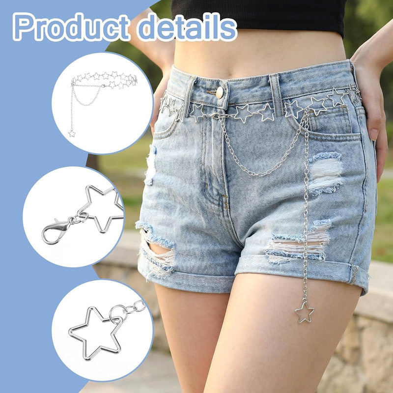 2 Pcs Star Waist Chain Belt, Adjustable Y2K Metal Star Jeans Pants Chain, Punk Pocket Body Belly Chains for Dresses, Jeans, Casual, Formal, Rave, Goth Accessories for Women and Men