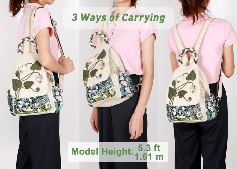 Girl's Convertible Sling Bag, Hand Craft Artisan Backpack, Beautiful Canvas Premium Casual Day Pack for Women - Green Marsh