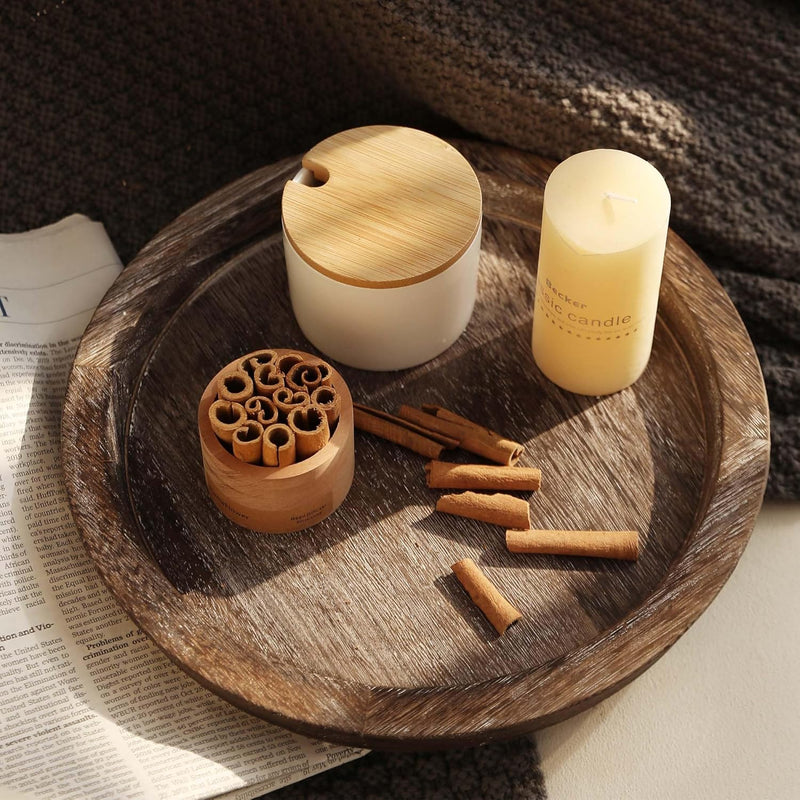 Hanobe Candle Plate Holder Tray: Round Wooden Decorative Candle Plate Small Farmhouse Table Centerpiece Rustic Wood Tealight Pillar Trays for Christmas Wedding Halloween Home Decor - Distressed