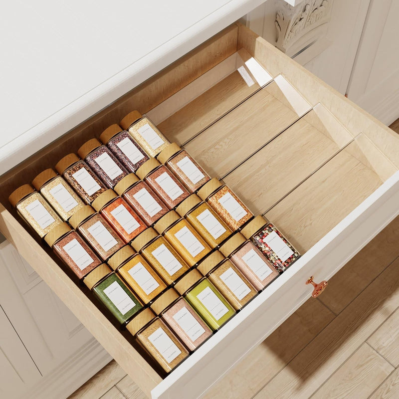 Spice Drawer Organizer, 9 Pcs Clear Acrylic In Drawer Seasoning Jars Rack, Expandable From 8" to 24" Kitchen Cabinets/Countertop Drawer Spice Rack Tray (Fit Small Drawer) - 26 x 19 Inches