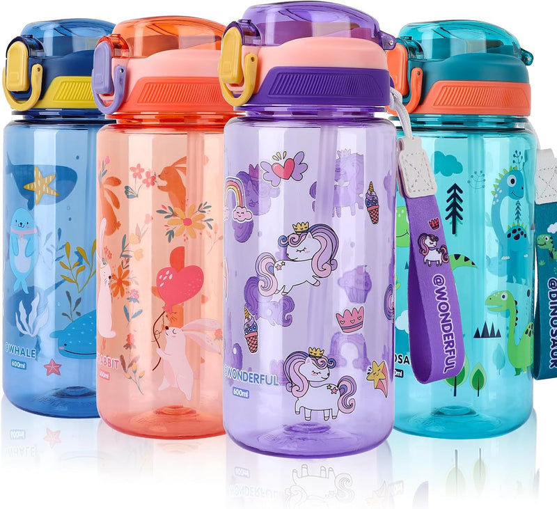Kids Water Bottles With Straw,600ml Drinks Bottle for School,Leakproof Children's Bottle BPA free Tritan Sport Bottle for Girls Boys (Blue-Whale) - Purple-Unicorn