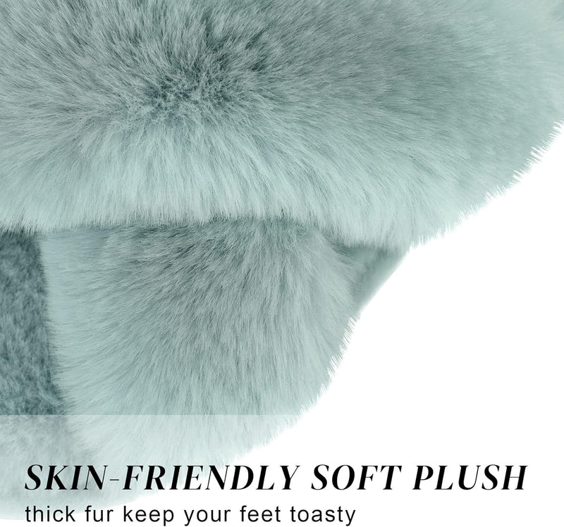 Women's Cross Band Slippers Soft Plush Furry Cozy Open Toe House Shoes Indoor Outdoor Faux Rabbit Fur Warm Comfy Slip On Breathable
