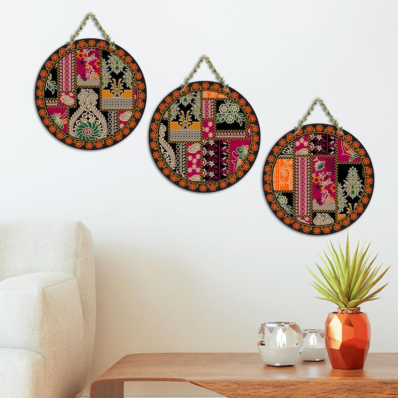 Artvibes Rajasthani Culture Wooden Wall Hanger for Home | Office | Living Room | Gift | Modern Decoration Items | Kitchen Wall Decor | Home Decor Hanging Items (WH_5012N), Set of 3