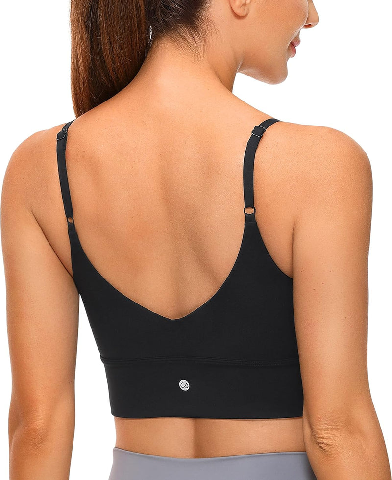 CRZ YOGA Women's V Back Longline Sports Bra with Adjustable Straps Wireless Workout Padded Yoga Bra Cropped Tank Tops