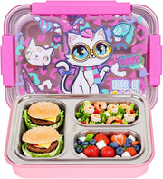 Stainless Steel Bento Lunch Box for Kids, 710ml/23.5oz BPA-Free Leak-Proof Children Food Containers with 3 Compartments, Back to School Students Daycare Lunches Snack Container Size for Age 4-8 - Cat