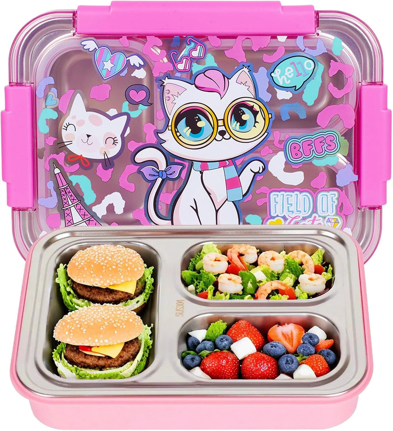 Stainless Steel Bento Lunch Box for Kids, 710ml/23.5oz BPA-Free Leak-Proof Children Food Containers with 3 Compartments, Back to School Students Daycare Lunches Snack Container Size for Age 4-8 - Cat