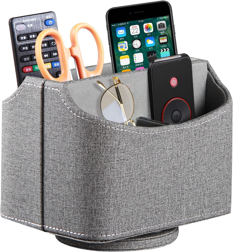 PUSU Leather 360°Rotatable Remote Control Holder,Nightstand TV Remote Caddy,Office Supplies Desktop Organizer,Spinning Storage Box for Pen,Mail,Phone,DVD, Blu-Ray, Media Player, Heater Controllers