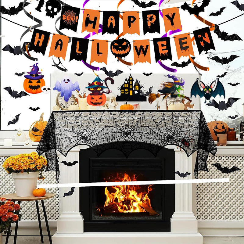 Halloween Party Decorations Set - 5Pack HalloweenDecor Festive Happy Halloween Banner Hanging Swirls & Spider Web Table Decorations & Mantel Scarf & 3D Bat Sticker for Hallo-ween Party Home