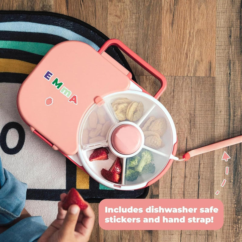 Kids Lunchbox with Detachable Snack Spinner Bundle with Hand Strap Sticker Sheet Reusable Bento Style Lunch Container 5 Small 1 Large Sandwich Compartment Dishwasher Safe