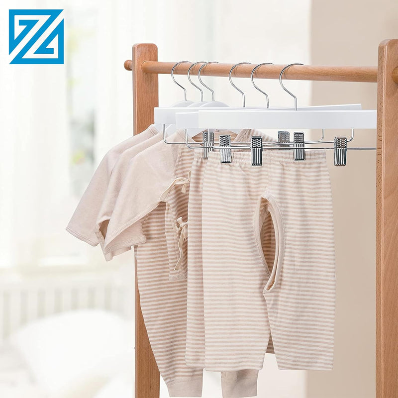 ZOBER Wooden Hanger with Clips for Kids - Premium Adjustable Non-Slip Hangers for Toddlers, Children & Baby Clothes - Durable & Space-Saving Design for Organizing the Cloths Pack of 5 (White)
