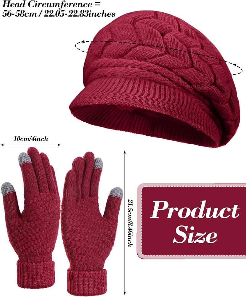 4 Pieces Women Winter Hat and Glove Set, Warm Knitted Beanie Hat Glove Snow Ski Skull Cap with Visor and Touchscreen Glove