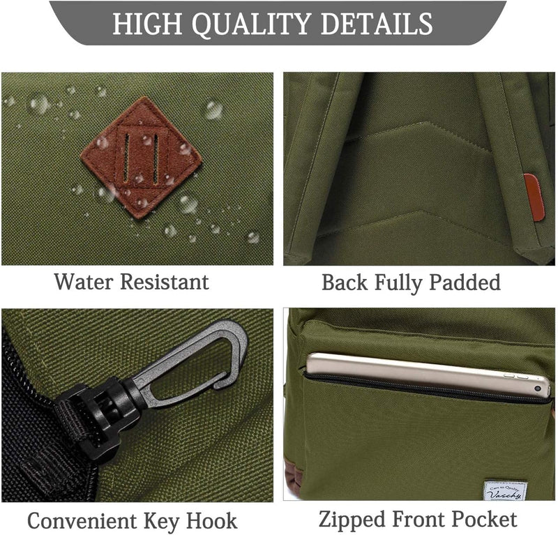 VASCHY Men's Backpack, Women's Waterproof School Bag, Boy Girl Computer 15.6 Inch Vintage for School, College, Work, Travel, Leisure