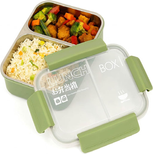 Stainless Steel 2 Compartments Bento Lunchbox with Removable Inner Tray - Leak Proof Bento Box for Kids, Adults - Tiffin Box for Office, School (GREEN)