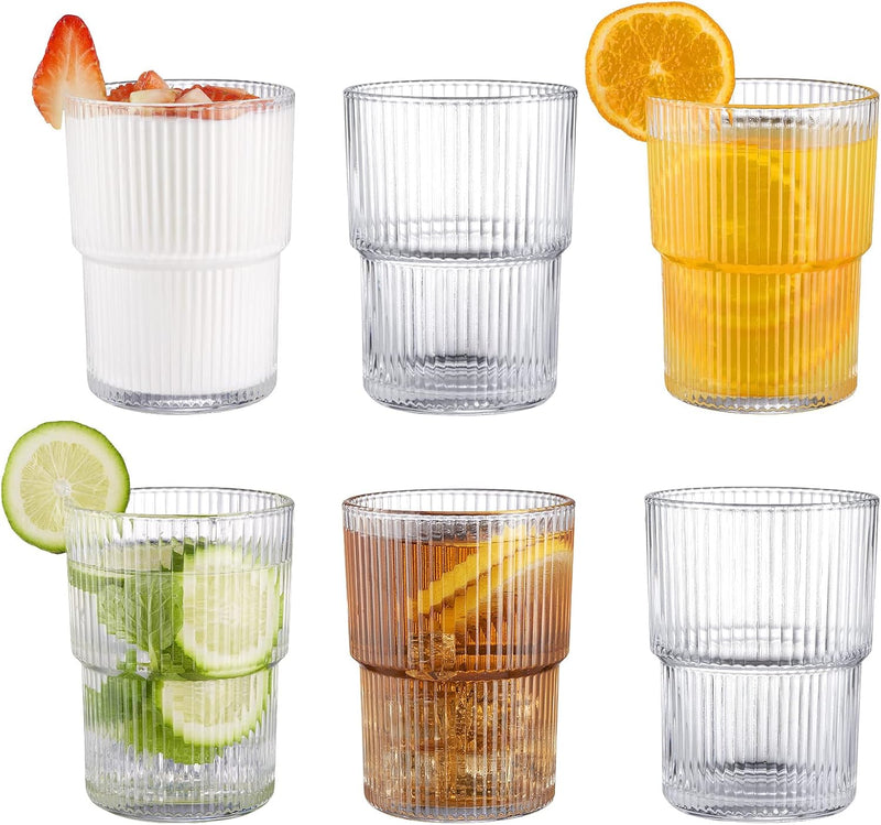 BJMEDYM Ribbed Glassesware 14 Oz Ripple Drinking Glasses Iced Coffee Glasses Glass Cup Set Of 6 Vintage Drinking Glasses Water Glasses Fluted Glassware Cocktail Glass Cute Glass Cups