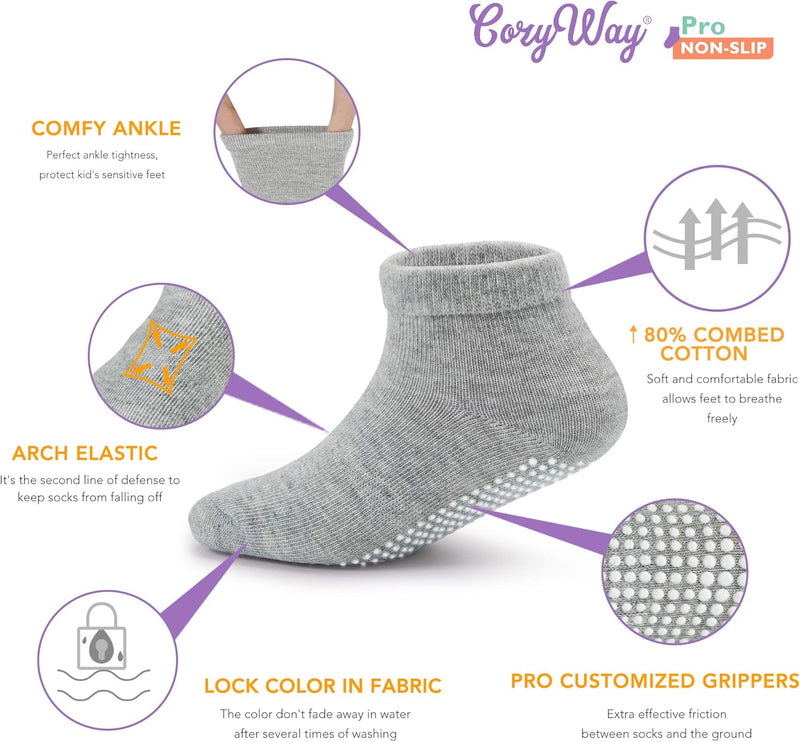 CozyWay Non-Slip Socks with Grippers - Ankle Style for Little Girls and Boys, Infants, Toddlers, Children