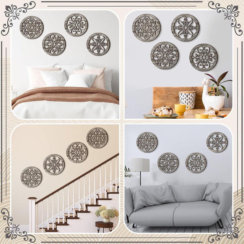 Yulejo 4 Pcs Thicken Rustic Wall Decor Farmhouse Wall Art Wooden Hollow Carved Design Decor Rustic Round Wall Art for Living Room Bedroom Hallway Decor Kitchen Wall (Black, Brown,9.8 x 9.8 Inch)