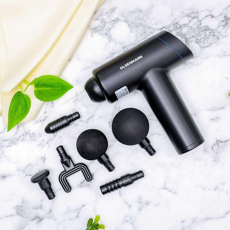 Olsenmark 6-in-1 Percussion Massage Gun Cordless & Rechargeable Deep Tissue Massager with 6 Detachable Heads, 6 Speed Levels, Ergonomic Grip for Full-Body Pain Relief, Stress Reduction, Black
