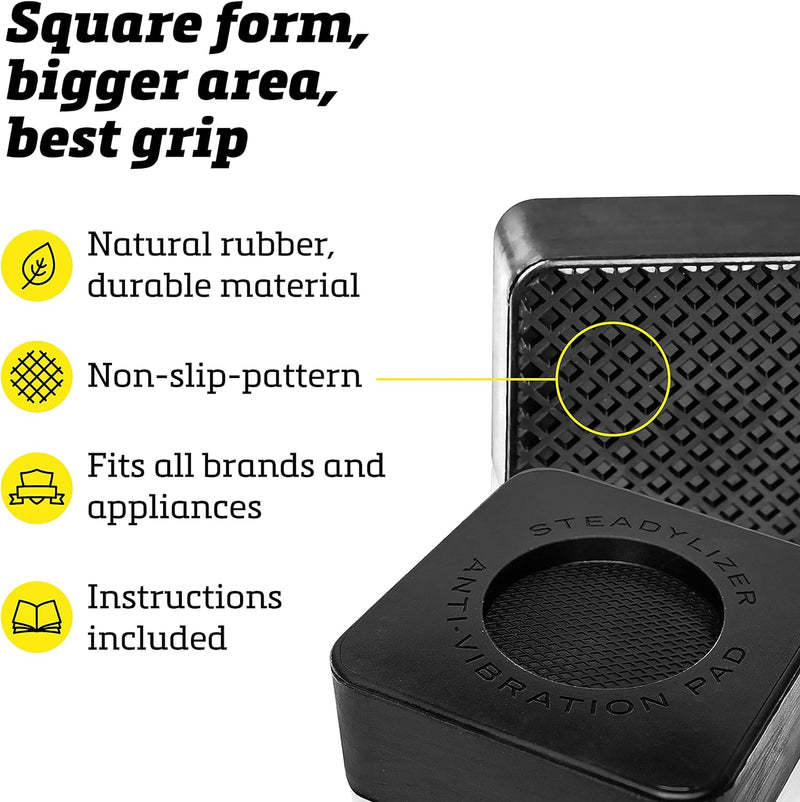 Steadylizer Anti Vibration Pads for Washing Machine - 4pc - Prevent Your Washer and Dryer From Walking and Reduce Noise - High Friction Hard Wearing Square Rubber Foot Pads -