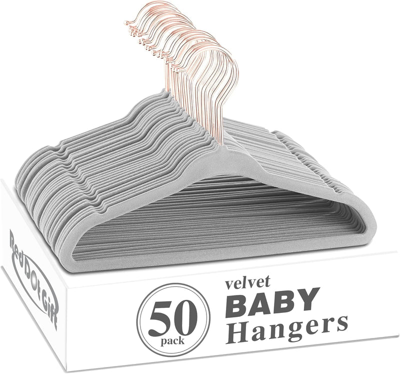 Red Dot Gift® 50 Pack Baby Velvet Hangers 11Inch/28cm - Nursery Clothes Hangers Non Slip Toddler Hangers, 360 Chrome Swivel Hook (White, 50)