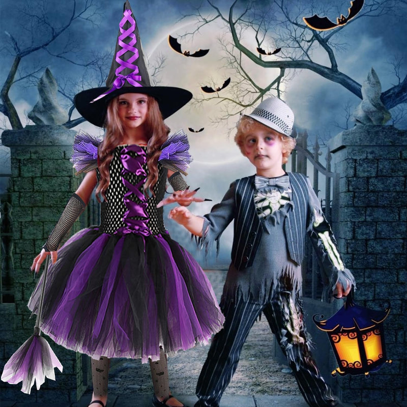 Yoawllty Witch Costume Halloween for Girls with Hat & Broom Fancy Party Dress Up Outfit, Fairytale Witch Costume Cute Witch Costume Set Purple