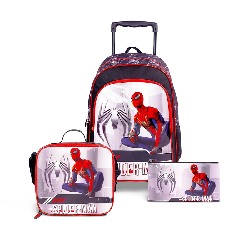 TRUCARE Marvel Spider Man 18 Inch Kids 3-in-1 Trolley School Bag Set - Ergonomic Backpack, Insulated Lunch Bag & Pencil Case,Lightweight, Durable, Students 6+ - Perfect for Travel & School,For Boys
