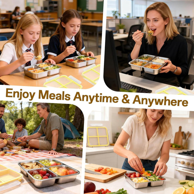 Stainless Steel Snack Containers, 4-Compartment Bento Box with Airtight Lids, Reusable Leakproof Meal Prep Lunch Box for Travel, Picnics, Work, and Food Storage