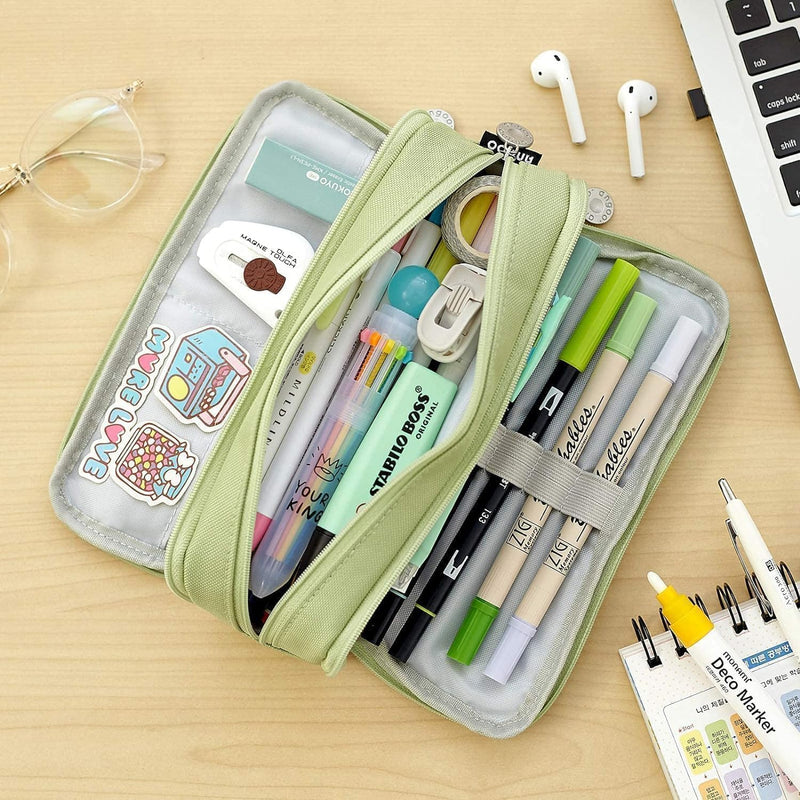 Aputue Pencil Case, Large Capacity Multi Compartment Japanese Style Pen Holder Bag, Aesthetic Stationery Organizer Pouch for School Office College Students, Durable Zipper Storage Box Green