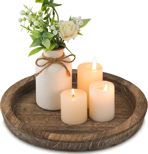 Hanobe Candle Plate Holder Tray: Round Wooden Decorative Candle Plate Small Farmhouse Table Centerpiece Rustic Wood Tealight Pillar Trays for Christmas Wedding Halloween Home Decor - Distressed