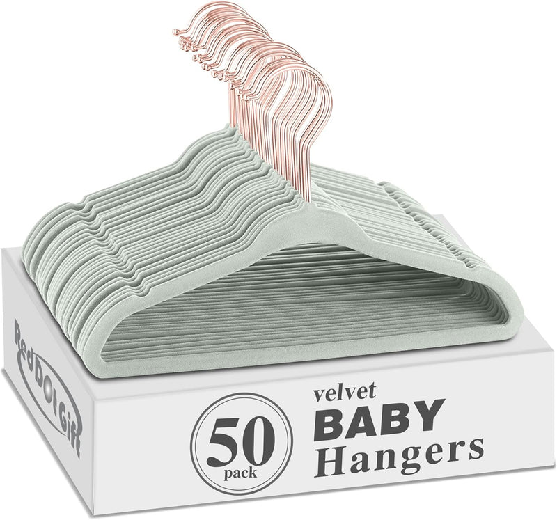 Red Dot Gift® 50 Pack Baby Velvet Hangers 11Inch/28cm - Nursery Clothes Hangers Non Slip Toddler Hangers, 360 Chrome Swivel Hook (White, 50)