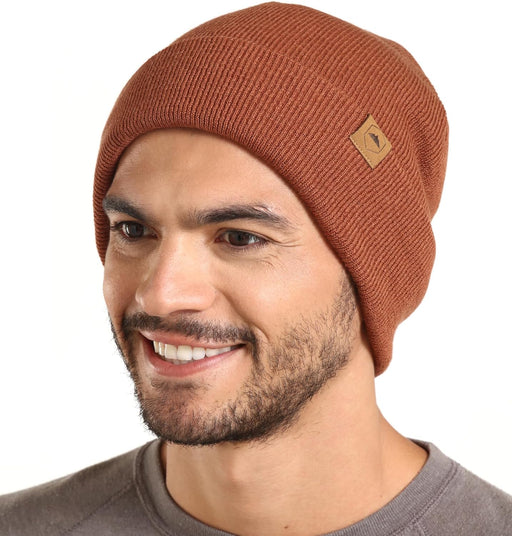 Winter Beanie Knit Hat for Men & Women - Merino Wool Ribbed Cap - Warm & Soft Stylish Toboggan Skull Caps for Cold Weather - Basic - Bronze