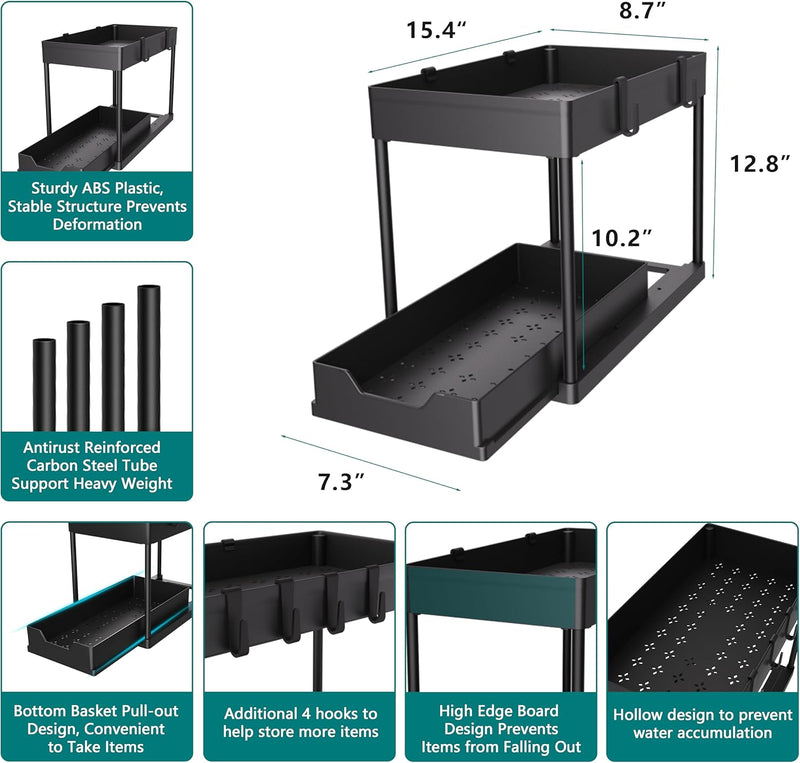 MEAFBIRD Abs 2 Pack Under Sink Organizer Tier Bathroom Cabinet Organizer With Sliding Shelf Basket, Multi-Purpose Organizers And Storage For Kitchen - black / black