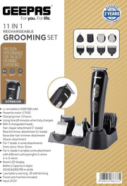 Geepas GTR8612N 11-in-1 Rechargeable Grooming Set 3.7V DC Hair/Bread/Nose/Ear/Body Trimmer 5 Changeable Heads Li-Ion Battery 60mins Working Time LED Display 4 Combs Attachments