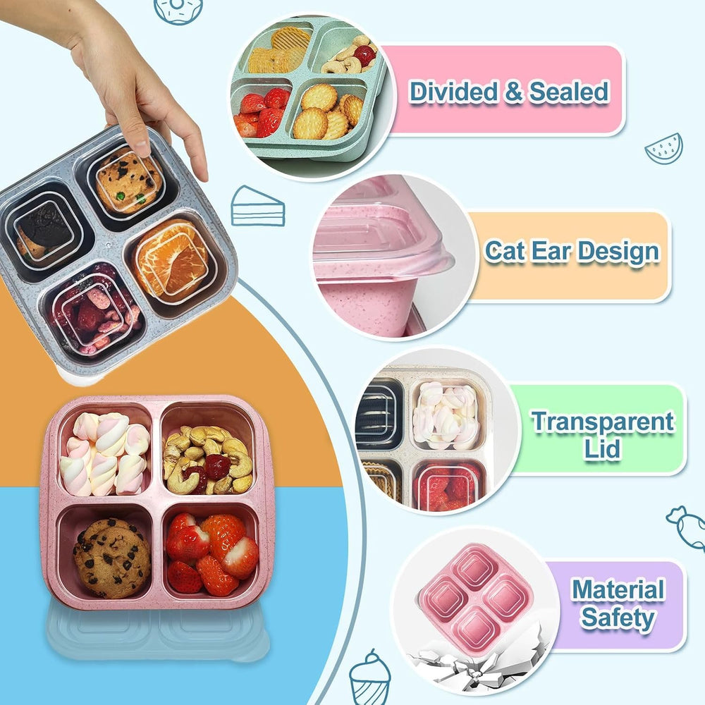 4-Pack Wheat Straw PP 4-Compartment Bento Lunch Box, Reusable Snack Box for Adults and Kids, Meal Prep Containers for School, Work, Travel, Freezer and Dishwasher Safe