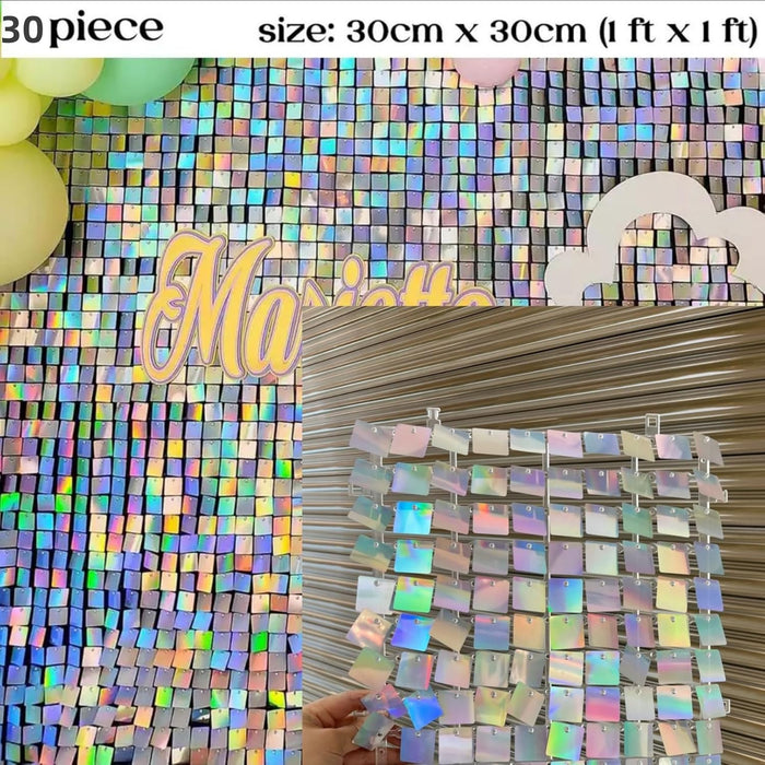 AM ANNA Sequin Wall Panels, 30PCS Shimmer Backdrop Stand, Rainbow Silver Square Decoration for Photo Backdrops, Party, Anniversary, Engagement