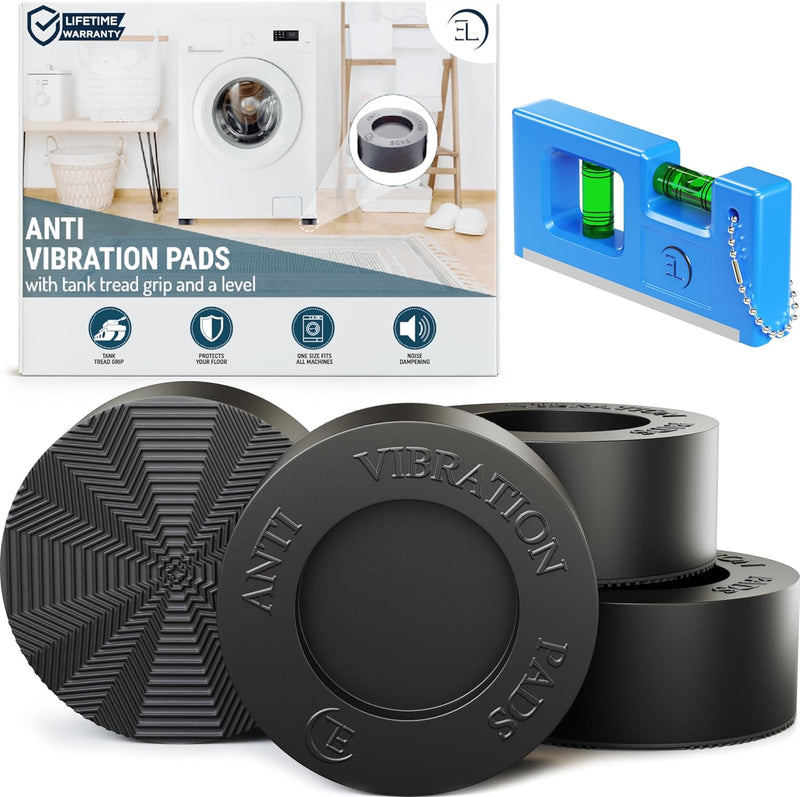 Anti Vibration Pads with Tank Tread Grip, 4 Pads + Level - Washer & Dryer Pedestals Fit All Machines - Noise Dampening, Protects Laundry Room Floor - Anti Vibrasion Pads for Washing Machine