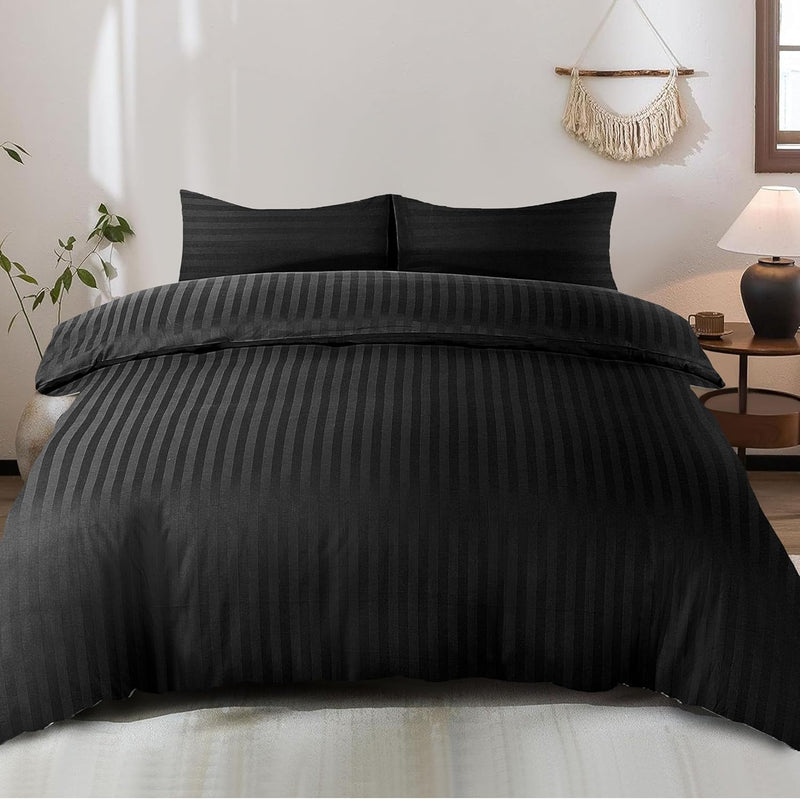 100% Cotton Luxury Hotel Quality Sateen Duvet Cover Set, 2cm Satin Stripe, Hidden Button Closure, Ultra-Soft Sateen Weave, Breathable & Hypoallergenic (White, Twin/Single 160x210cm) - Black King 260x240cm
