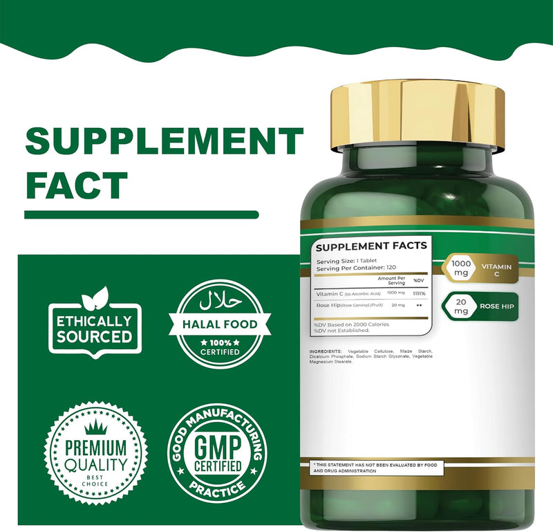 Vitamin C - 1000mg (120 Tablets) With Rose Hips Antioxidant Protection, Boost Immune System & Supports Healthy Skin 120 DaysSupply Ascorbic Acid Supplement Non- GMO, Gluten Free