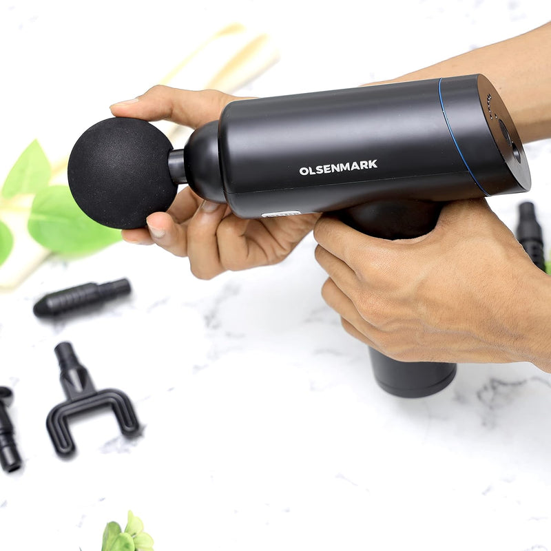 Olsenmark 6-in-1 Percussion Massage Gun Cordless & Rechargeable Deep Tissue Massager with 6 Detachable Heads, 6 Speed Levels, Ergonomic Grip for Full-Body Pain Relief, Stress Reduction, Black