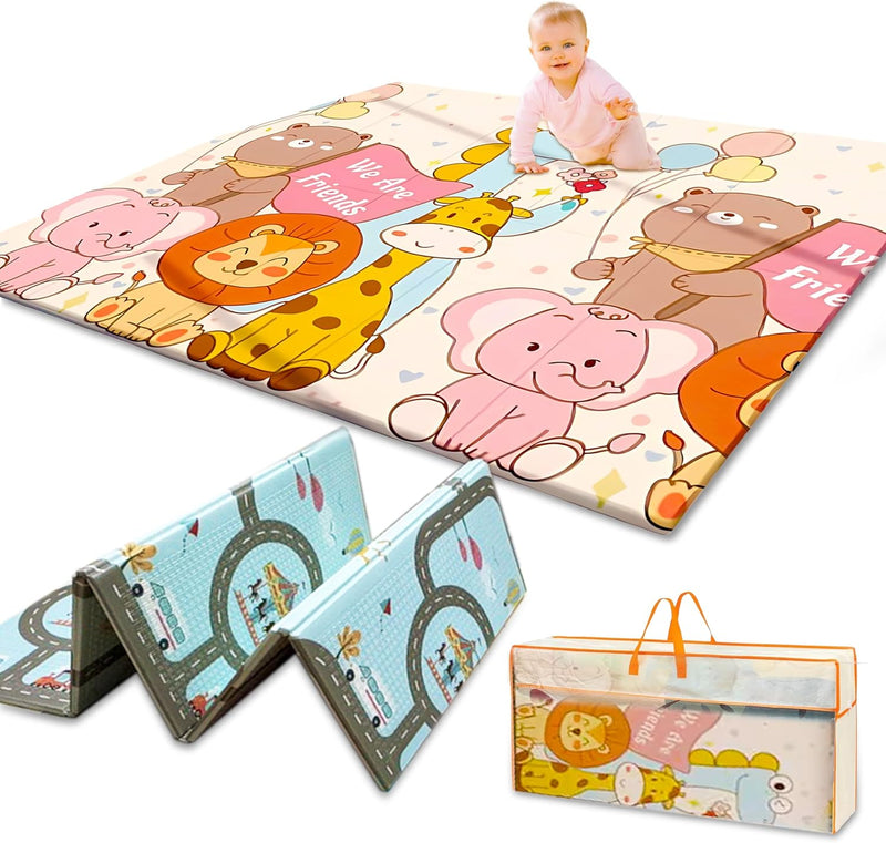 MONAMORE Play Mat (200cm X 180cm X 1cm) Playmat Play Babies Extra Thick Crawling Mat Water Proof and Reversible Large Soft for Toddler (Animals & Roads)